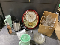 2 BOXES: BOX WINE GLASSES; BOX JUICER, TRAVEL MUGS, GLASS PLATES, ELECTRIC KETTLE & CLOCK