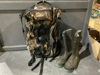 2 ITEMS - CAMO BACK PACK, RUBBER BOOTS