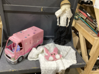 3 ITEMS - HIDE &lsquo;N SEEK BOY + BATH BLANKET W/RABBIT HOOD + BARBIE MOTORHOME