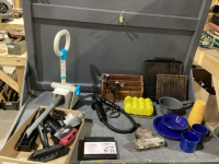 2 BOXES- BISSELL VACUUM ATTACHMENTS, SAFETY BAR + WINE OPENER, EGG HOLDER, MISC CAMPING DISHES