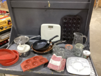2 BOXES- BAKING DISHES - SOME SILICONE, PANS, POT, JARS + PITCHERS, TOWELS, MUGS, SPIN PROCESSOR, SERVING DISH, BATH SCALE
