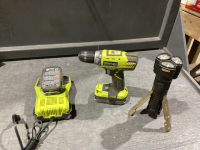 RYOBI CORDLESS 18V DRILL, 2 BATTERIES & CHARGER, STANLEY FLASHLIGHT