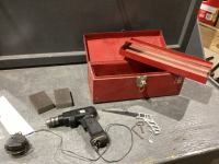 RED TOOL BOX W/BD RECHARGABLE DRILL, SANDING BLOCKS, DRYWALL SAW