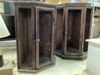 (2) WOOD CORNER CABINETS - STACKABLE....NO GLASS PANES