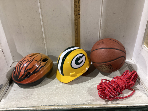 BIKE HELMET, BASKETBALL, HARD HAT, ROPE