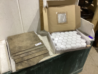 BOX OF MOSAIC TILES AND A FEW SQUARE TILES