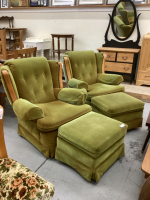 (2) VINTAGE VELOUR CHAIRS W/ ROLLING OTTOMANS