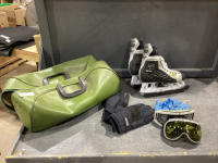 VINTAGE BAG OF GRAF SKATES, SIZE 8R, GOGGLES, GLOVES,