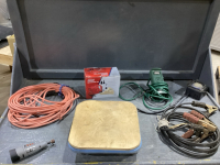 BOOSTER CABLES, TIMER, 12V QUICK PUMP & DOLLLIE, EXTENSION CORD, DREMEL