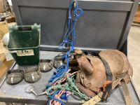FEED BUCKET + PROTECTOR HOOVES, BIT, ASSORTED HALTERS + SADDLE