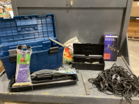 TOOL BOX OF ASSORTED CORDS + BOX BED WEB, CEILING BIKE LIFT, CHAIN,