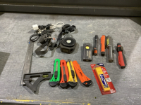 BOX W/ EXACTO KNIVES, FLASHLIGHTS, HEADLAMPS, COMBINATION LEVEL