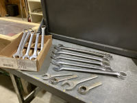 BOX OF LARGE WRENCHES- SOME MODIFIED - LARGEST IS 2&rdquo;