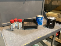 2 BOXES- 2 CANS PAINT, 3 CANS RUST PAINT, PAINT TRAY