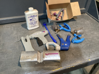 BOX W/ COMPONENT IMPLANT GUNS, CATTLE BACK RUB, VACCINE GUNS