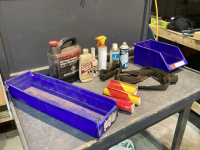2 ITEMS - BOLT BINS W/ REFLECTIVE TAPE, + BOX W/BUG TAR, ANTIFREEZE, BRAKE FLUID