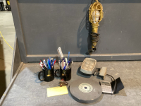 BOX W/TROUBLE LIGHT, GRINDING WHEEL, CALCULATOR, LED LIGHT(HARDWIRE), PENS