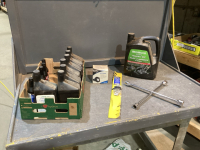 BOX W/ (7) FULL CONTAINERS HYDRAULIC FLUID + (6)BOTTLES GASLINE ANTIFREEZE + DRILL PUMP