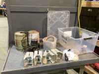 LIDDED TOTE W/SAW HORSE FRAMES, B+D ROUTER, ELECTRICAL, TUB OF HORSESHOES,