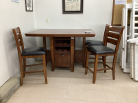 36" TALL TABLE W/ (3) CHAIRS - BASE HAS WINE BOTTLE STORAGE AND A DROP DOWN DOOR CUBBY (ACCESS FROM BOTH SIDES)