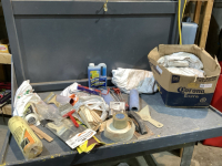 BOX W/PAINTING SUPPIES, CLR SEPTIC SYSTEM, DISPOSABLE COVERALLS, DRYWALL TAPE