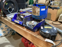 (2) BINS + BOX + BUCKET W/ BOLTS, NUTS, CLEVIS, BEVEL WASHERS + WORKLIGHT ON REEL