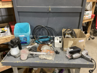 2 TUBS W/ WOBBLE DATO, TRAILER PLUG, SAW BLADES, WASHING MACHINE HOSES
