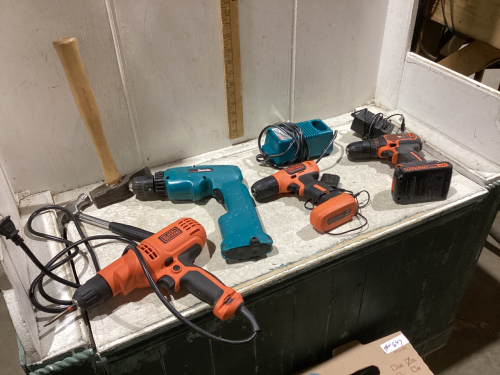 CORDLESS DRILLS, CORDED DRILL AND AX, SMALL HAMMER