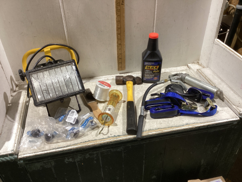 HAMMER, SHOP LIGHT, CUPBOARD DOOR KNOBS,SMALL GREASE GUN