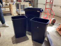 (3) PLASTIC GARBAGE CANS - (1) HIBOY WASTE CONTAINER, (2) SMALLER ONES