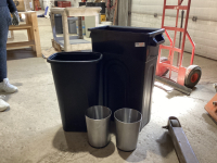 (2) PLASTIC GARBAGE CANS & (2) SMALL METAL CANS