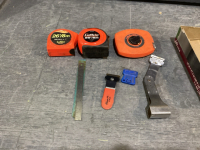 (3) TAPE MEASURES, RAZOR SCAPERS, SMALL STAINLESS RULER, RASOR BLADES