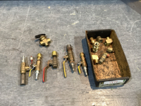 BOX WITH 1/4 + 3/8&rdquo; BRASS VALVES + MISC BRASS FITTINGS