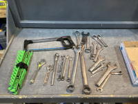 WESTWARD HACKSAW,WRENCH HOLDERS, (2) ADJUSTABLE WRENCHES, ASSORTED WRENCHES, MODIFIED WRENCHES