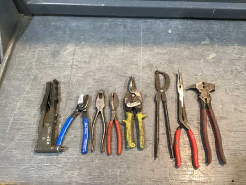 BOX W/ POP RIVITER, BLUE POINT CABLE CUTTERS, CRESCENT LINESMAN PLIER, KNIPEX SLIP JOINT PLIERS, MAC YELLOW SNIPS, VIVA BRAKE SPRING PLIERS, MILWAUKEE LONG REACH PLIERS, CRESCENT FENCING PLIERS