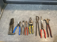 BOX W/ POP RIVITER, BLUE POINT CABLE CUTTERS, CRESCENT LINESMAN PLIER, KNIPEX SLIP JOINT PLIERS, MAC YELLOW SNIPS, VIVA BRAKE SPRING PLIERS, MILWAUKEE LONG REACH PLIERS, CRESCENT FENCING PLIERS
