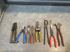 BOX W/ POP RIVITER, BLUE POINT CABLE CUTTERS, CRESCENT LINESMAN PLIER, KNIPEX SLIP JOINT PLIERS, MAC YELLOW SNIPS, VIVA BRAKE SPRING PLIERS, MILWAUKEE LONG REACH PLIERS, CRESCENT FENCING PLIERS