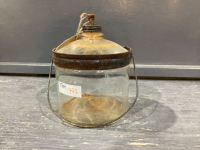 ANTIQUE JAR W/ METAL RIM & HANDLE