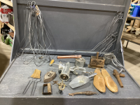 BOX OF MISC VINTAGE ITEMS - SHOE FORMS MEAT GRINDER, STOCKING FORMS, BUTTER PRESS, SAD IRON, STOVE COVER LIFTER
