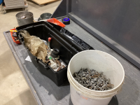 PAIL OF USED SCREWS AND PLASTIC TOOLBOX W/ A FEW MISC TOOLS