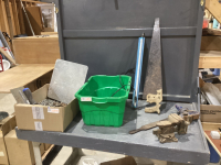TOTE & BOX OF MISC SHOP ITEMS - HAND SAWS, LED LIGHT, DRYWALL HOCK, 2 CEMENT TROWELS, (2) SMALL VICES, RASP