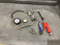 BOX W/ MAC BLOW GUN, GAUGE INFLATER, MAC TIRE GAUGE, SNAP-ON THREAD DEPTH GAUGE