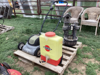 PALLET W/ ELECTRIC LAWN MOWER, BACKPACK SPRAYER - "HARDI' AND SMALL FOUNTAIN