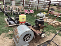 (3) PIECES - VINTAGE GAS LAWNMOWER, FRONT MOUNT ROTOTILLER - GAS AND FURNACE SQUIRREL CAGE