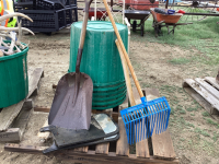 (6) LICK TUBS, AXE, MANURE FORK, SCOOP SHOVEL, MUD FLAPS