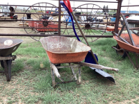 METAL WHEELBARROW AND (2) SNOW SHOVELS
