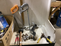 BOX OF HITCH AND BALLS, HACKSAW, AND LOTS OF MISC HAND TOOLS