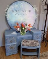 PAINTED ANTIQUE DOUBLE BEDROOM SET - VANITY W/ STOOL AND ROUND MIRROR, HEADBOARD/FOOTBOARD AND RAILS