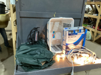 BASKET OF RV VENT LID, STRING OF LIGHTS, INFLATABLE MATTRESS & HAND PUMP