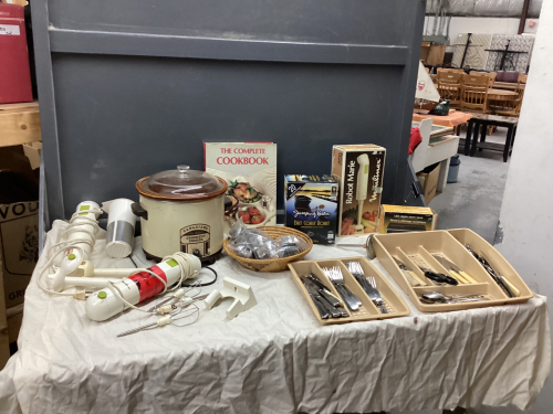 BOX OF MISC KITCHEN ITEMS - CROCKPOT, CUTLERY, HAND MIXERS, COFFEE PODS